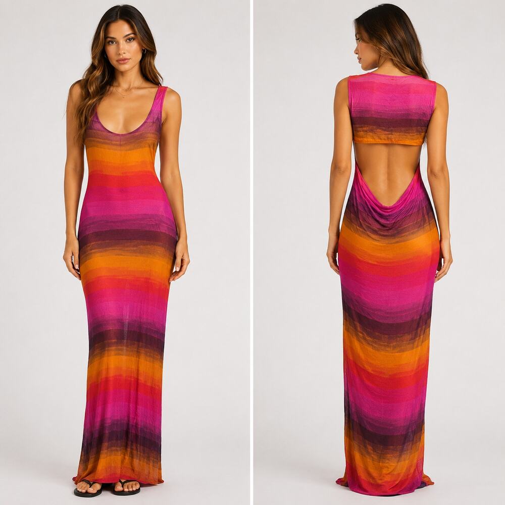 VTG Bebe Y2K Ombre Striped Mesh Maxi Dress Orange Pink Brown Size Medium USA